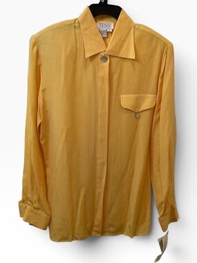 Vintage TESS 100% Silk Yellow White Striped Blouse NWT Size Small